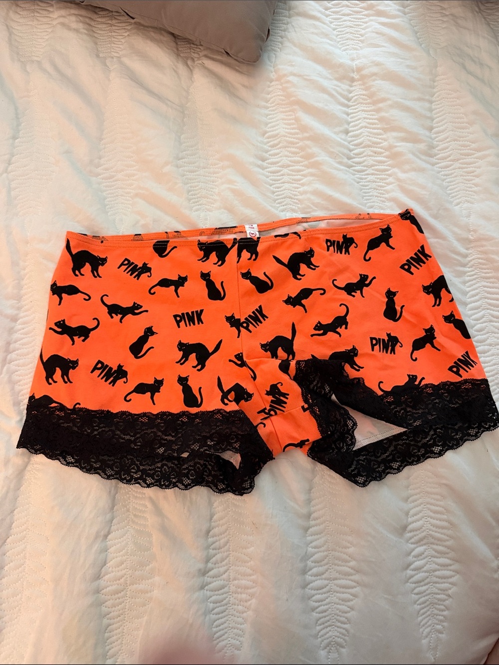 PINK Victoria's Secret Bright Orange Cat Print Lace-Trim boy shorts Shorts